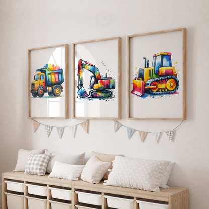 Colorful Construction Vehicle Nursery Prints Set – Dump Truck Excavator & Bulldozer Wall Art