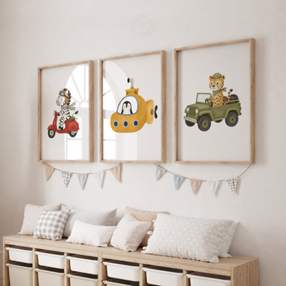 Safari Animal Transport Nursery Wall Art Set – Zebra Scooter, Penguin Submarine & Leopard Jeep Prints