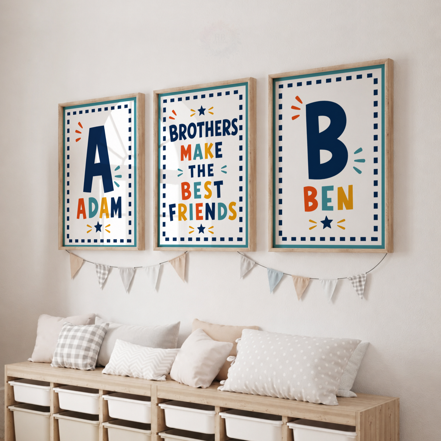 Personalised Brothers Initial Print Set – Colourful Boys Bedroom Wall Art