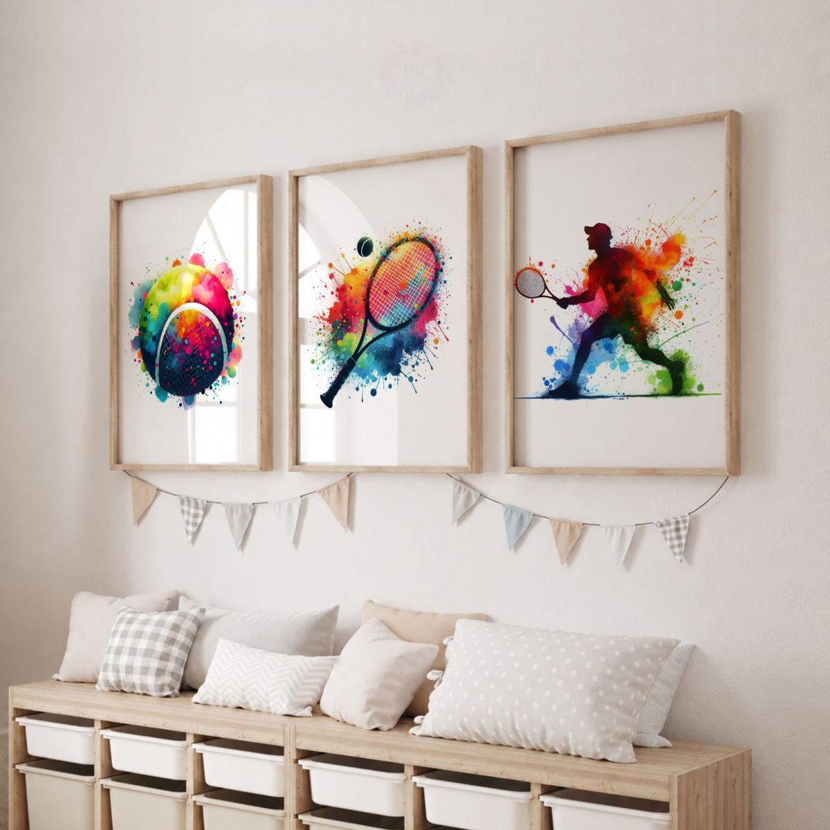 Colourful Tennis Wall Art Set – Watercolour Tennis Prints for Boys’ Bedroom