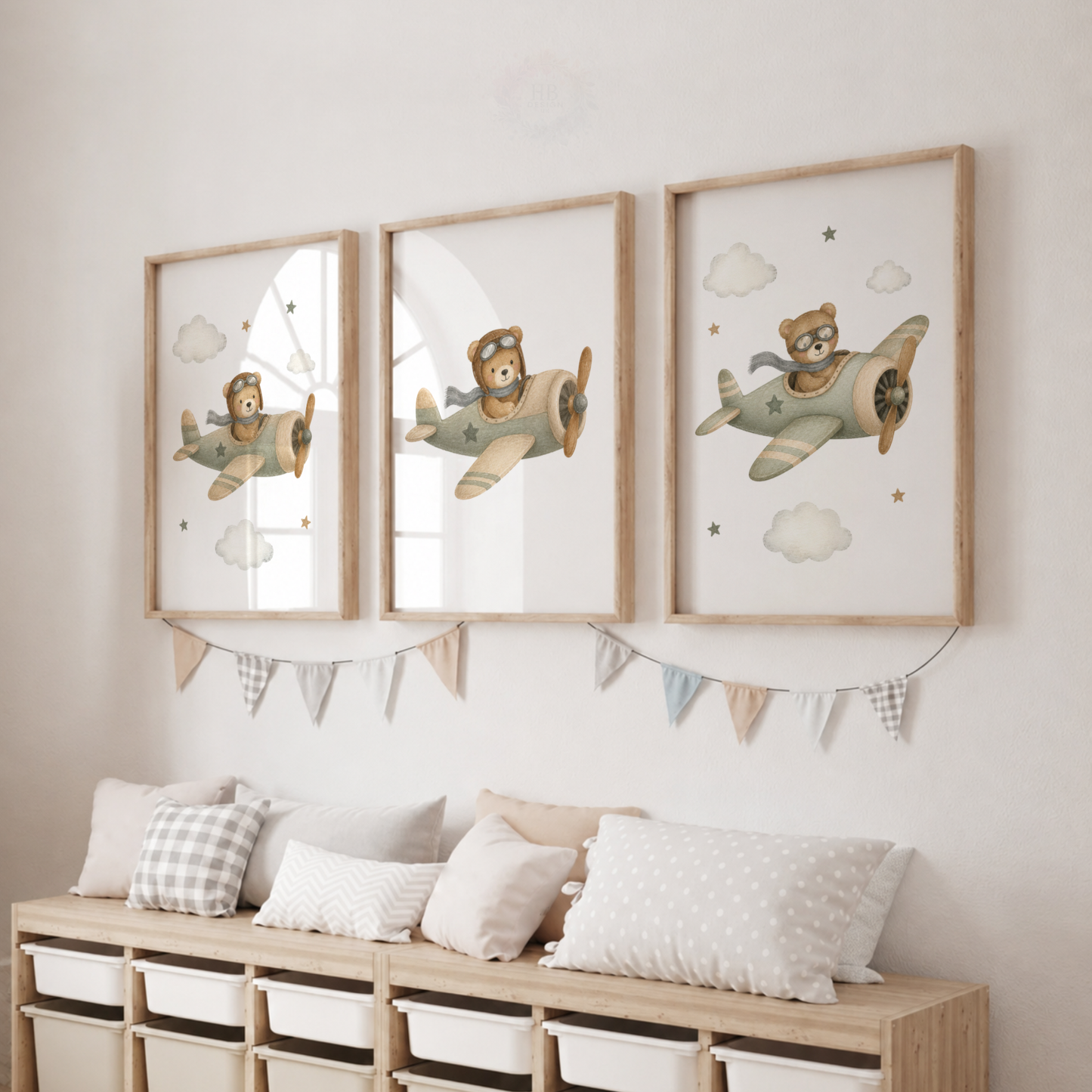 Teddy Bear Aeroplane Nursery Wall Art Print Set – Boys Bedroom Decor