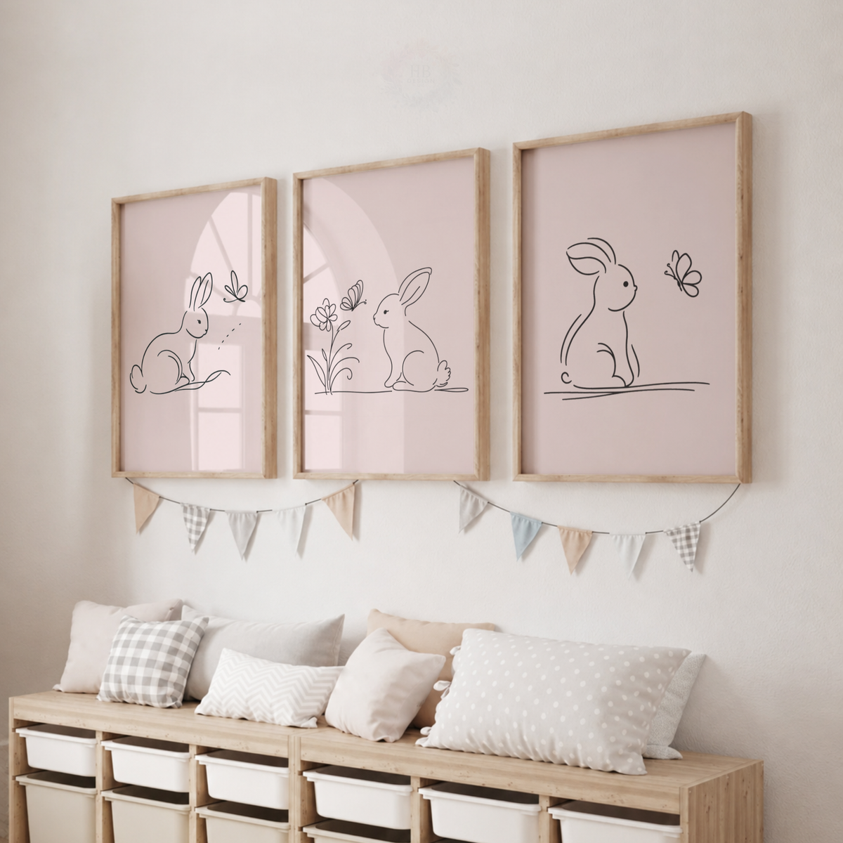 Minimalist Bunny Wall Art Set – Pink Rabbit Line Art Nursery Prints
