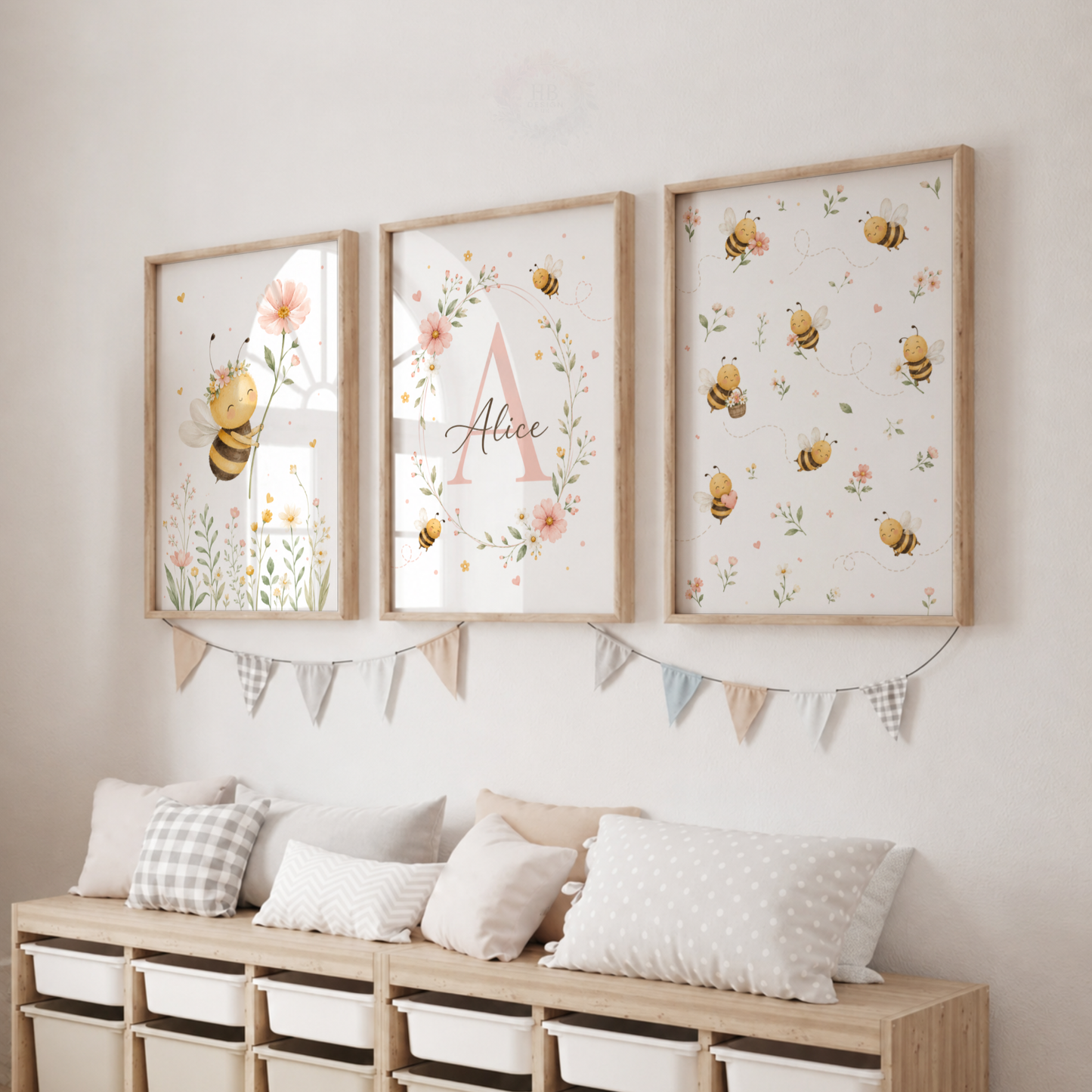 Personalised Pink Bee Nursery Prints – Set of 3 Floral Bumblebee Wall Art
