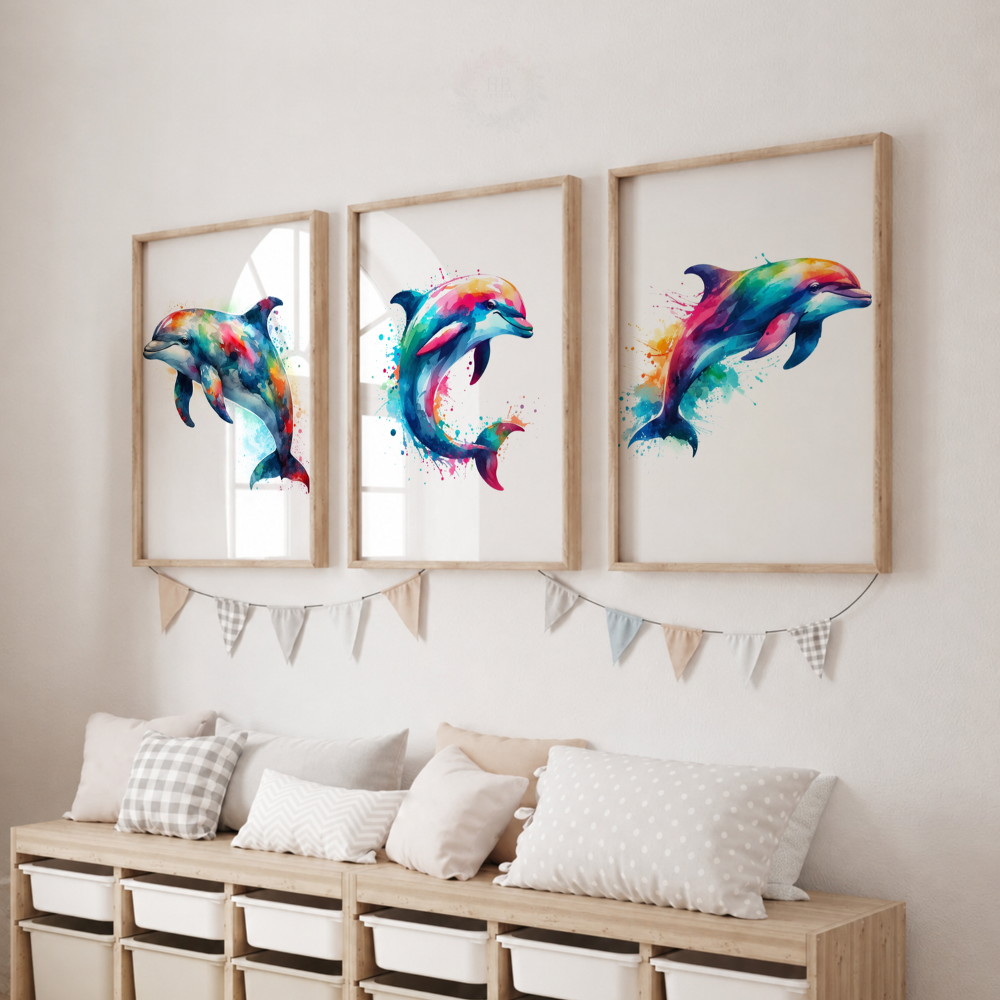 Colorful Dolphin Watercolor Wall Art Set – Ocean Animal Nursery Prints