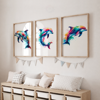 Colorful Dolphin Watercolor Wall Art Set – Ocean Animal Nursery Prints