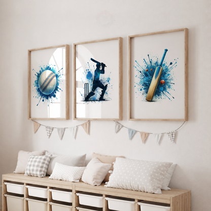 Blue Cricket Watercolor Wall Art Set – Cricket Ball, Batsman & Bat Sports Prints