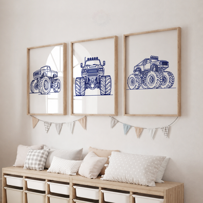 Monster Truck Line Art Prints Set – Boys Vehicle Nursery Wall Art