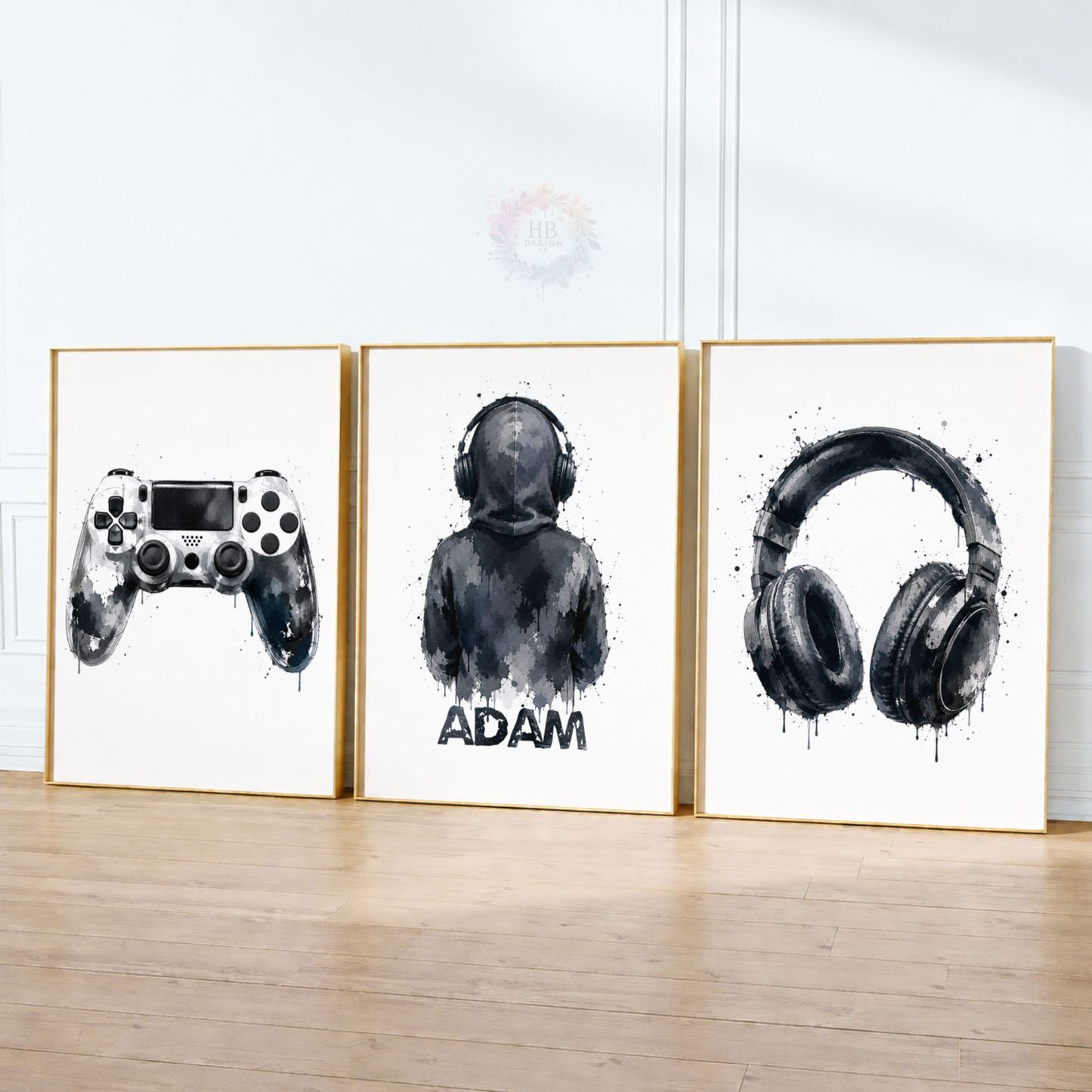 Personalised Monochrome Gamer Wall Art Set – Controller, Gamer & Headphones Prints