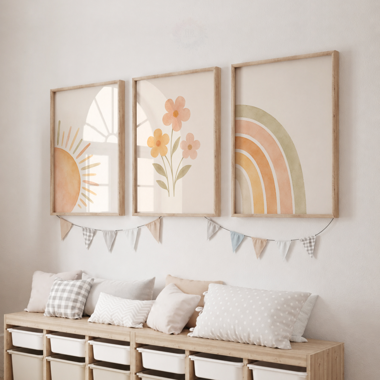 Boho Floral Nursery Prints – Set of 3 Sun, Flowers & Rainbow Wall Art