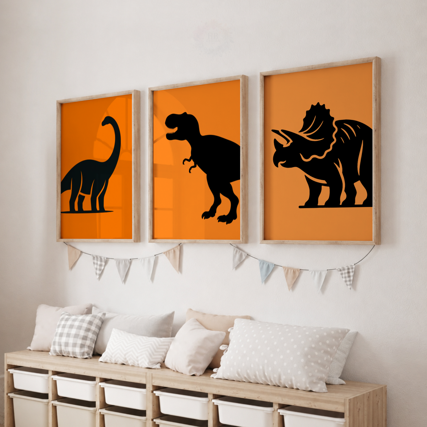 Dinosaur Nursery Prints Set – Orange Dinosaur Silhouette Wall Art