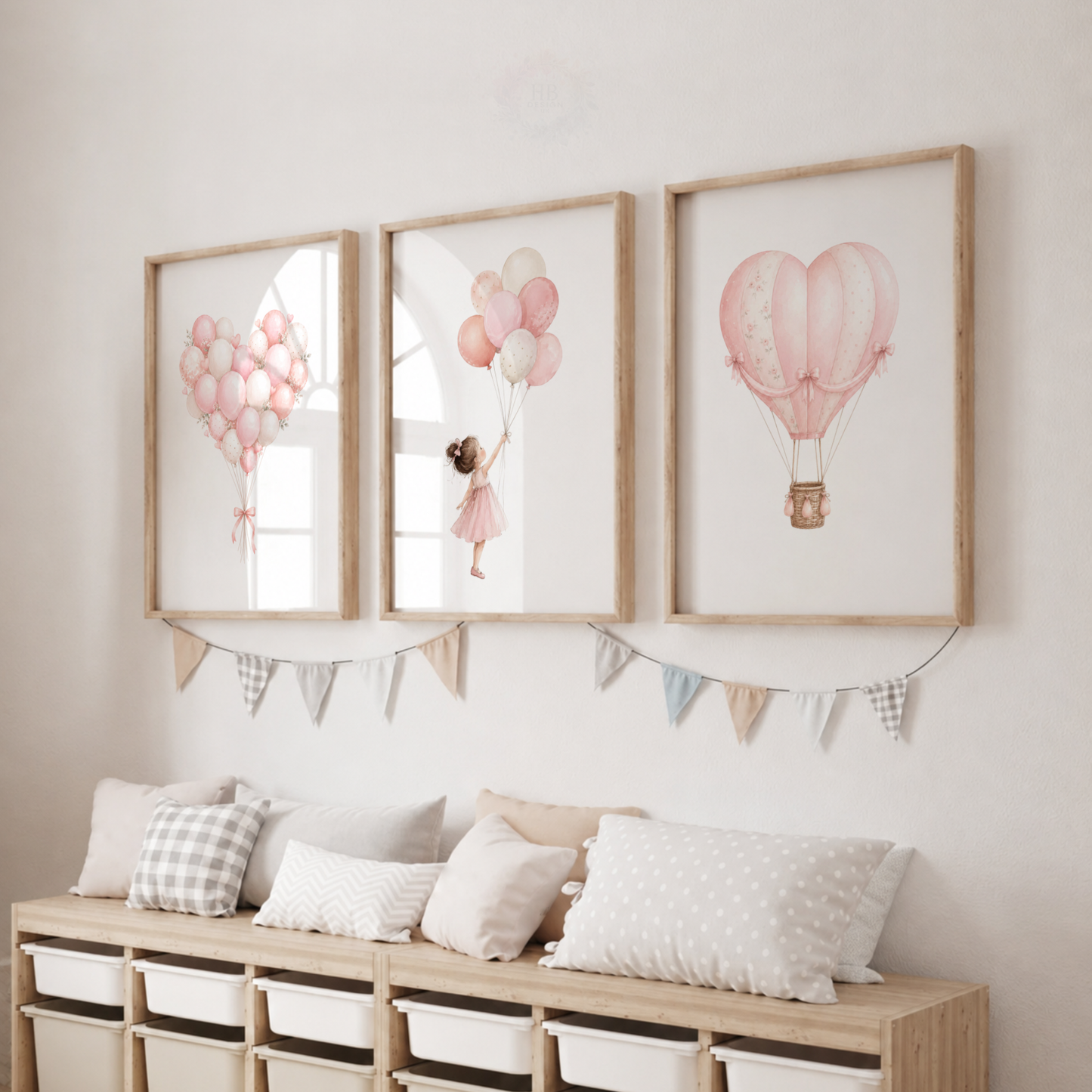 Pink Balloon & Hot Air Balloon Wall Art Print Set – Girls Nursery Decor