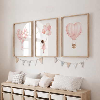 Pink Balloon & Hot Air Balloon Wall Art Print Set – Girls Nursery Decor