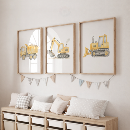 Watercolour Construction Vehicle Nursery Prints – Digger Dump Truck & Bulldozer Wall Art Set