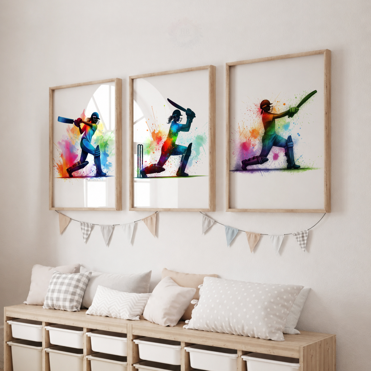 Girls Cricket Wall Art Set – Colourful Watercolour Female Cricketer Prints