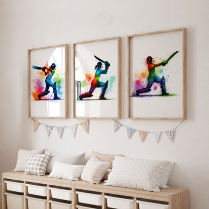 Girls Cricket Wall Art Set – Colourful Watercolour Female Cricketer Prints