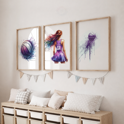 Girls Netball Wall Art Set – Purple Watercolour Netball Player Prints
