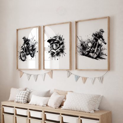 Motocross Watercolor Wall Art Set – Black & White Dirt Bike Rider Sports Prints