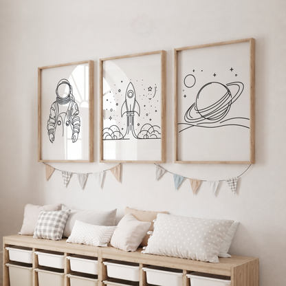 Space Nursery Prints Set – Astronaut Rocket & Planet Minimalist Wall Art