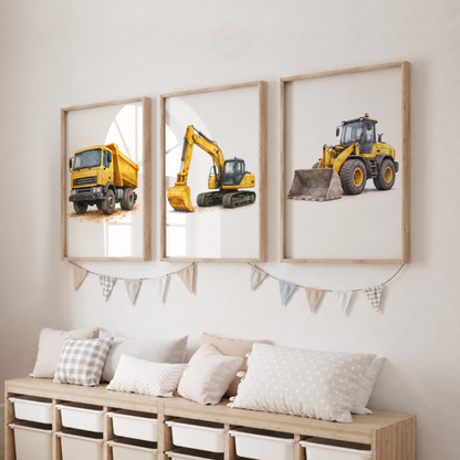 Construction Vehicle Nursery Prints Set – Dump Truck Excavator & Bulldozer Wall Art