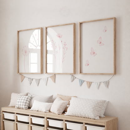 Pink Botanical Nursery Prints – Set of 3 Dandelion, Wildflower & Butterfly Wall Art