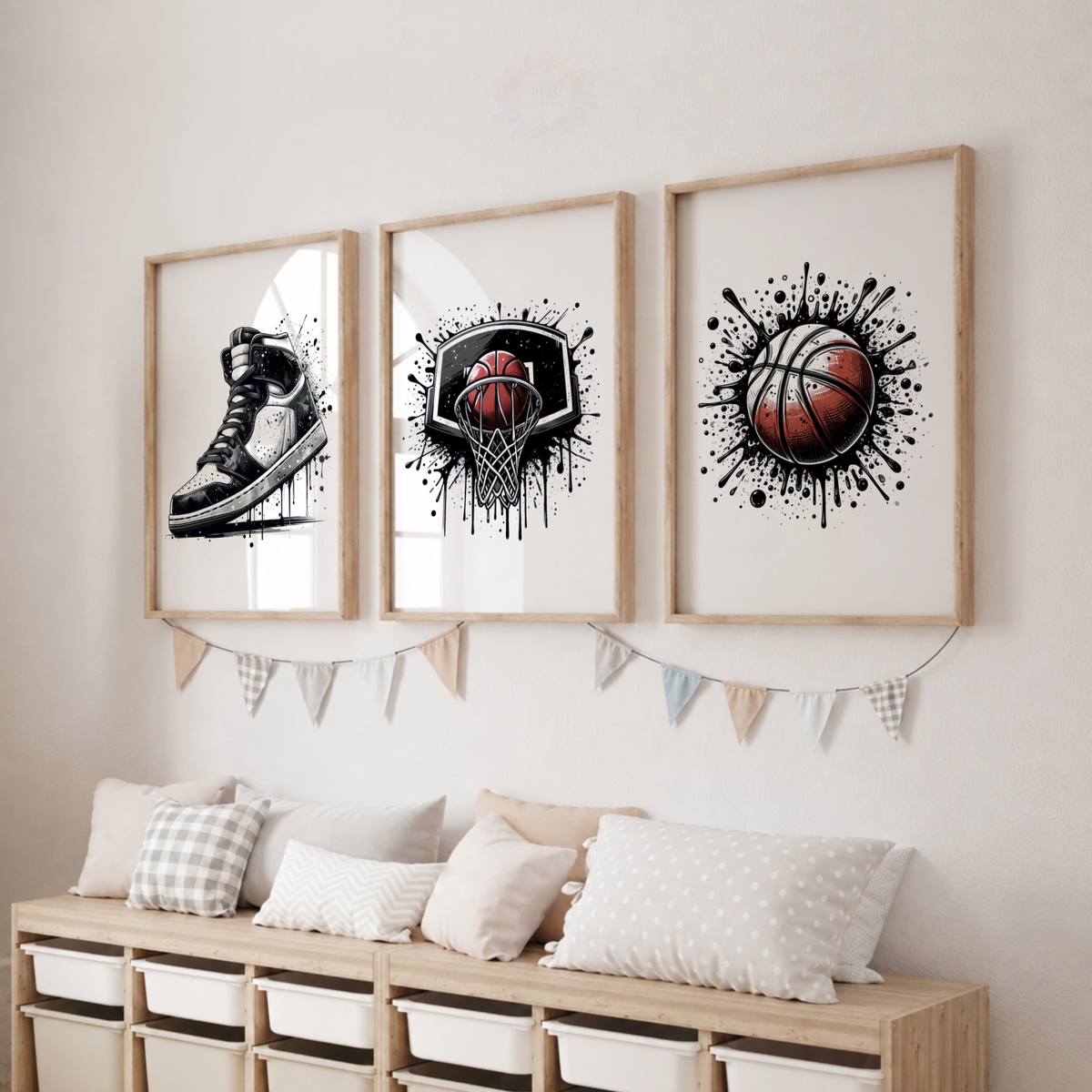Basketball Wall Art Set – Basketball Shoe, Hoop & Ball Sports Prints