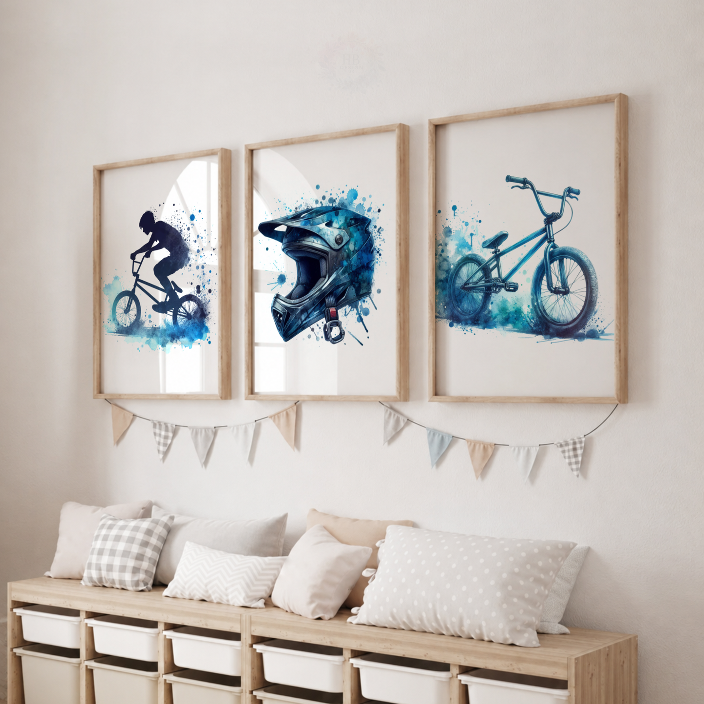 BMX Wall Art Set – Blue Watercolour BMX Bike Prints for Boys’ Bedroom