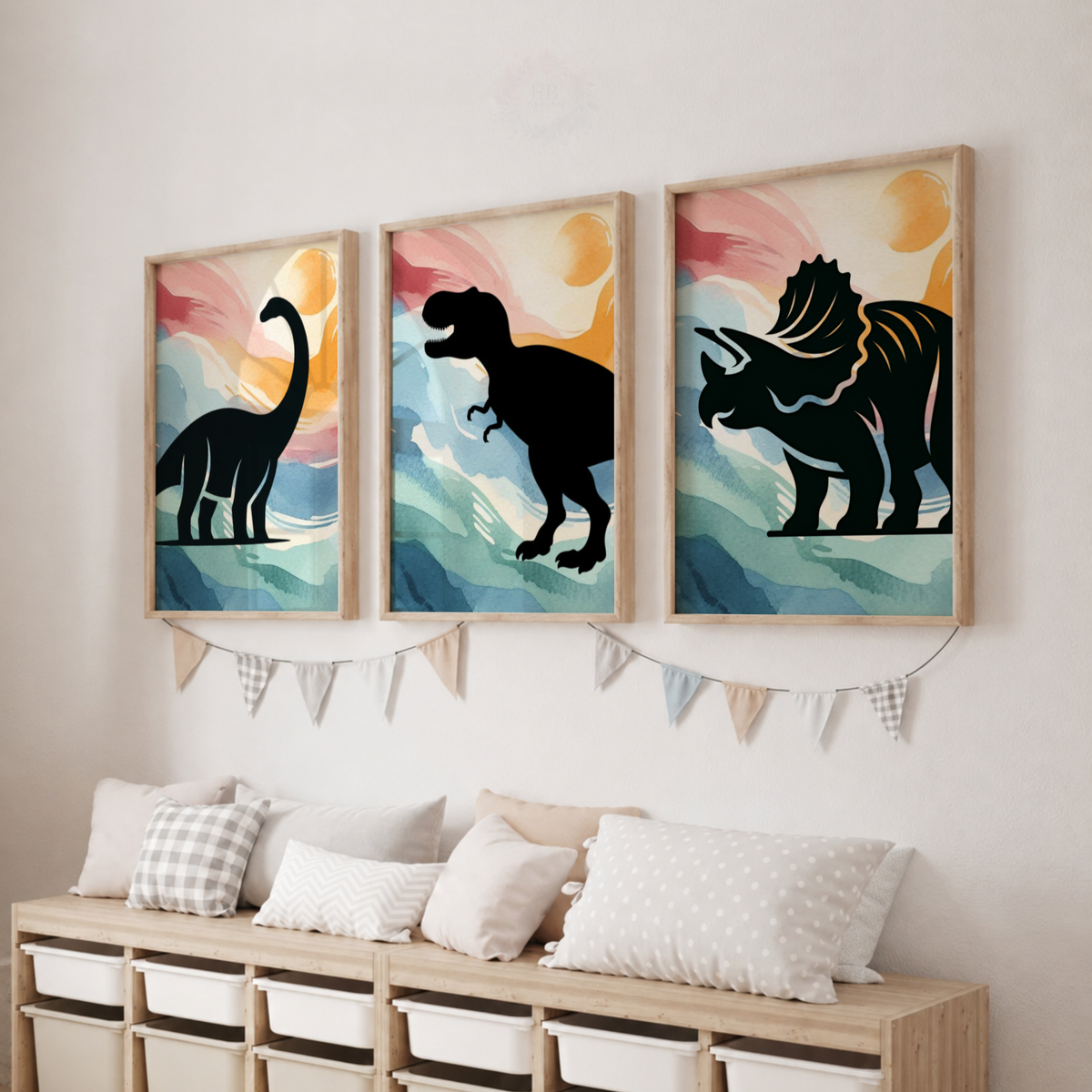 Colourful Dinosaur Nursery Prints Set – Watercolour Dino Silhouette Wall Art