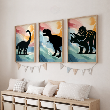 Colourful Dinosaur Nursery Prints Set – Watercolour Dino Silhouette Wall Art