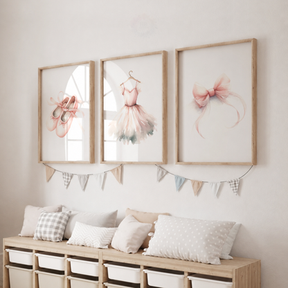 Ballet Wall Art Set – Pink Ballerina Shoes, Tutu Dress & Bow Prints