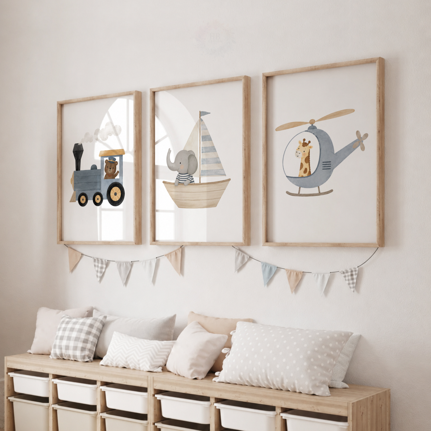Safari Animal Transport Nursery Wall Art Set – Train, Sailboat & Helicopter Prints