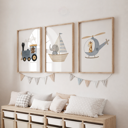 Safari Animal Transport Nursery Wall Art Set – Train, Sailboat & Helicopter Prints