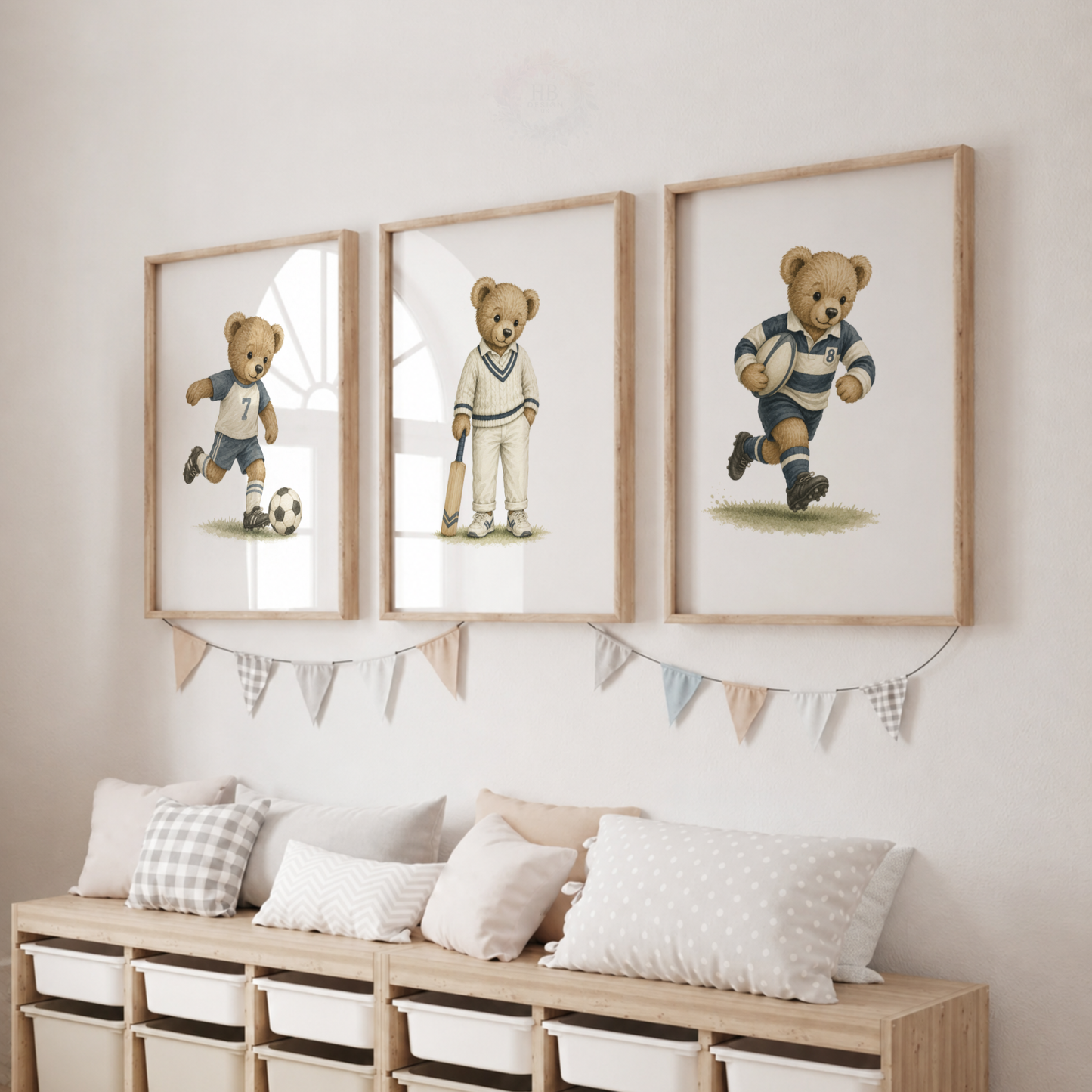 Teddy Bear Sports Wall Art Set – Football Cricket & Rugby Nursery Prints