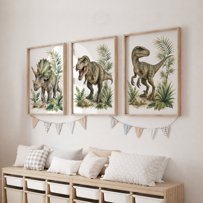 Realistic Dinosaur Nursery Wall Art Set – T-Rex, Triceratops & Raptor Prints