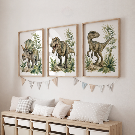 Realistic Dinosaur Nursery Wall Art Set – T-Rex, Triceratops & Raptor Prints