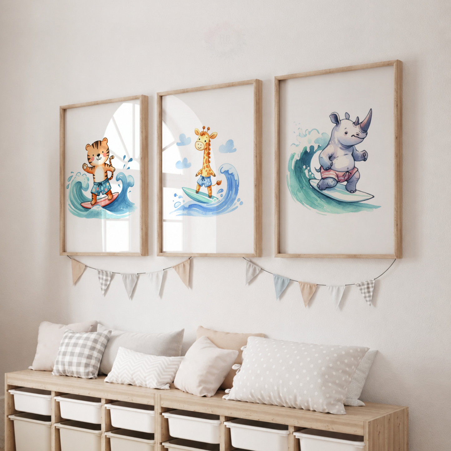 Surfing Safari Animals Watercolor Wall Art Set – Tiger, Giraffe & Rhino Nursery Prints