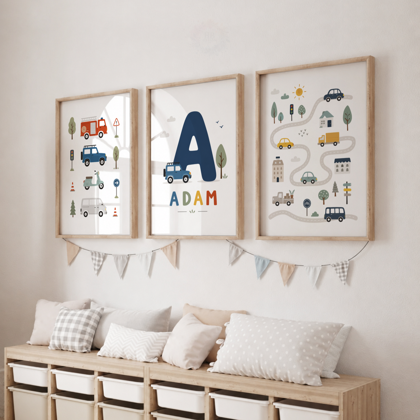 Personalised Transport Nursery Wall Art Set – Cars, Fire Engine & Name Initial Prints