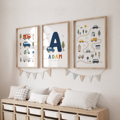 Personalised Transport Nursery Wall Art Set – Cars, Fire Engine & Name Initial Prints