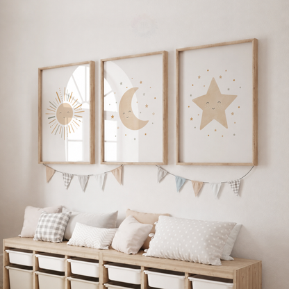 Sun Moon & Star Nursery Prints – Set of 3 Neutral Celestial Wall Art