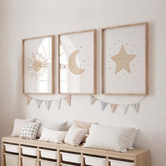Sun Moon & Star Nursery Prints – Set of 3 Neutral Celestial Wall Art