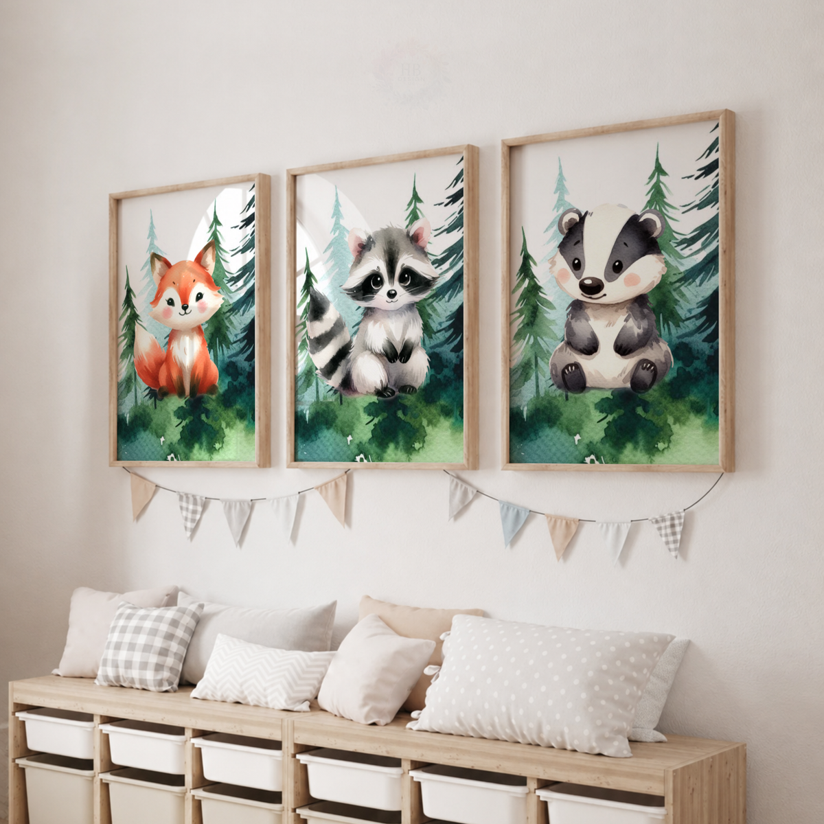 Woodland Animal Nursery Prints Set – Fox Raccoon & Badger Forest Wall Art