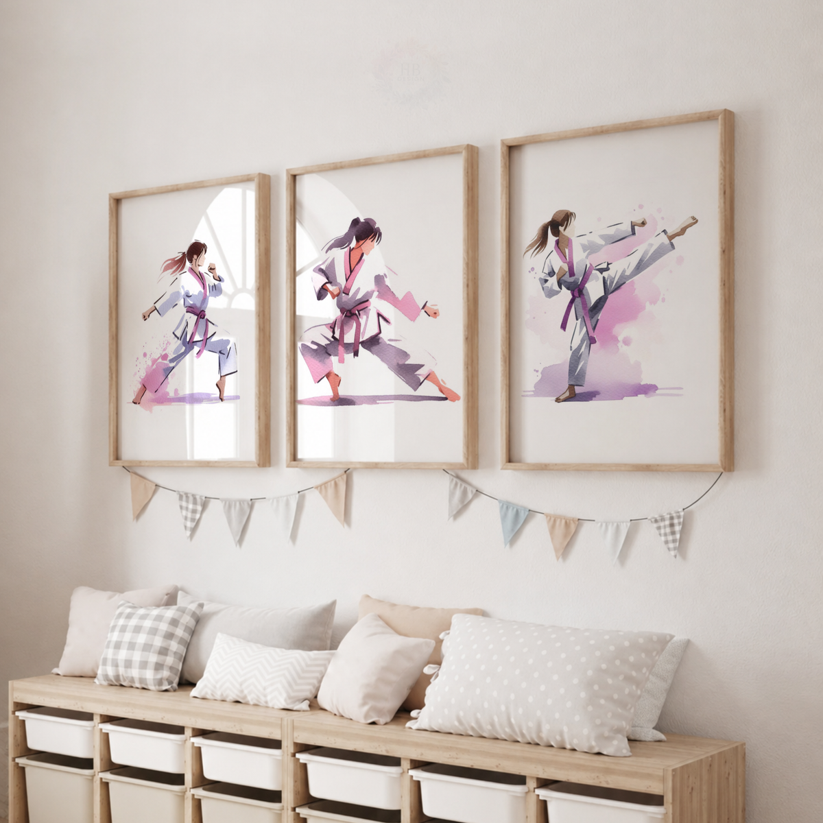 Girls Karate Wall Art Set – Pink Watercolour Martial Arts Prints