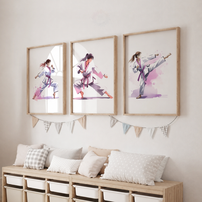Girls Karate Wall Art Set – Pink Watercolour Martial Arts Prints