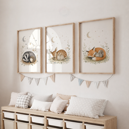 Woodland Animals Nursery Prints – Set of 3 Sleepy Forest Animal Wall Art
