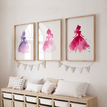 Watercolour Princess Wall Art Set – Pink & Purple Princess Silhouette Prints