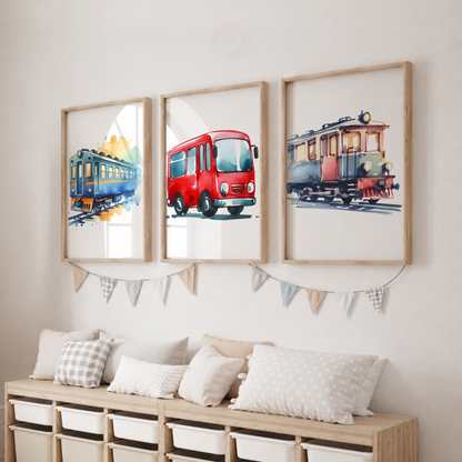 Transportation Wall Art Set – Watercolor Train, Bus & Tram Prints