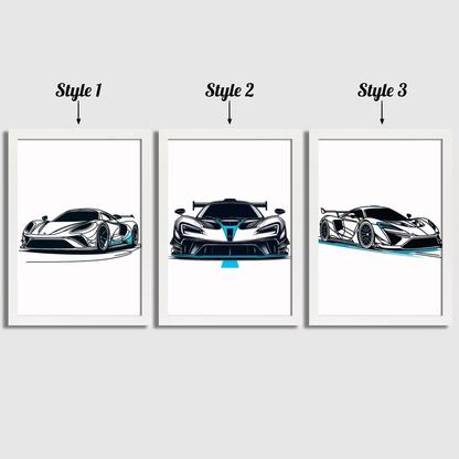 Blue Car Line Art Print Set