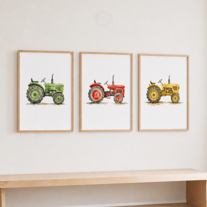 Vintage Tractor Wall Art Set – Green Red & Yellow Farm Nursery Prints