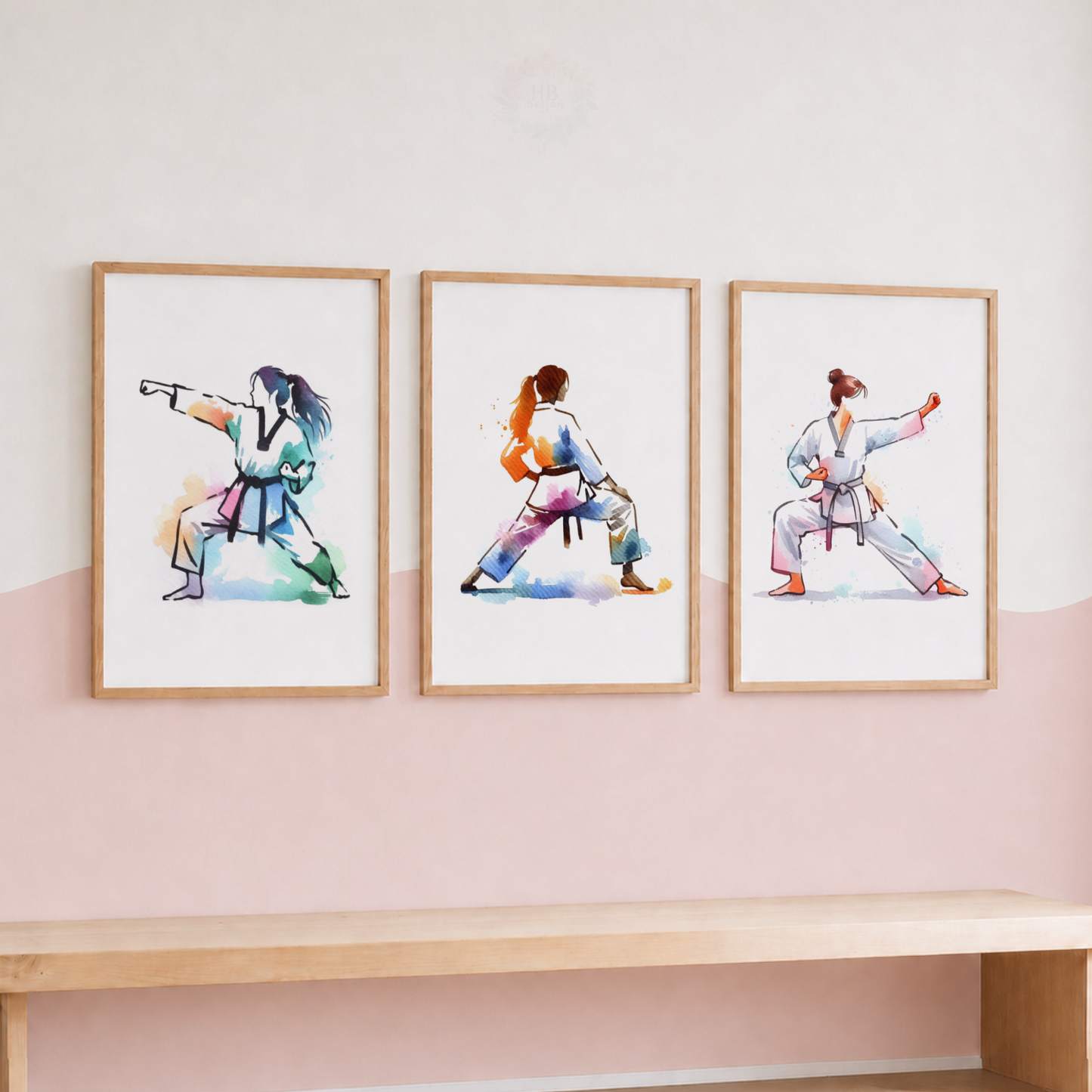 Girls Karate Wall Art Set – Colourful Watercolour Martial Arts Prints for Bedroom