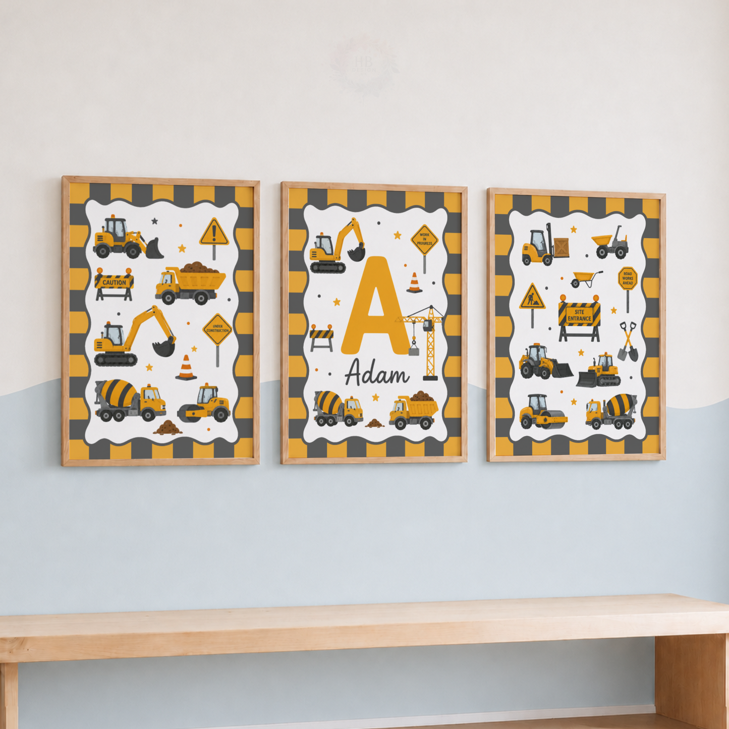 Little Builder – Personalised Set of 3 Construction Nursery Prints