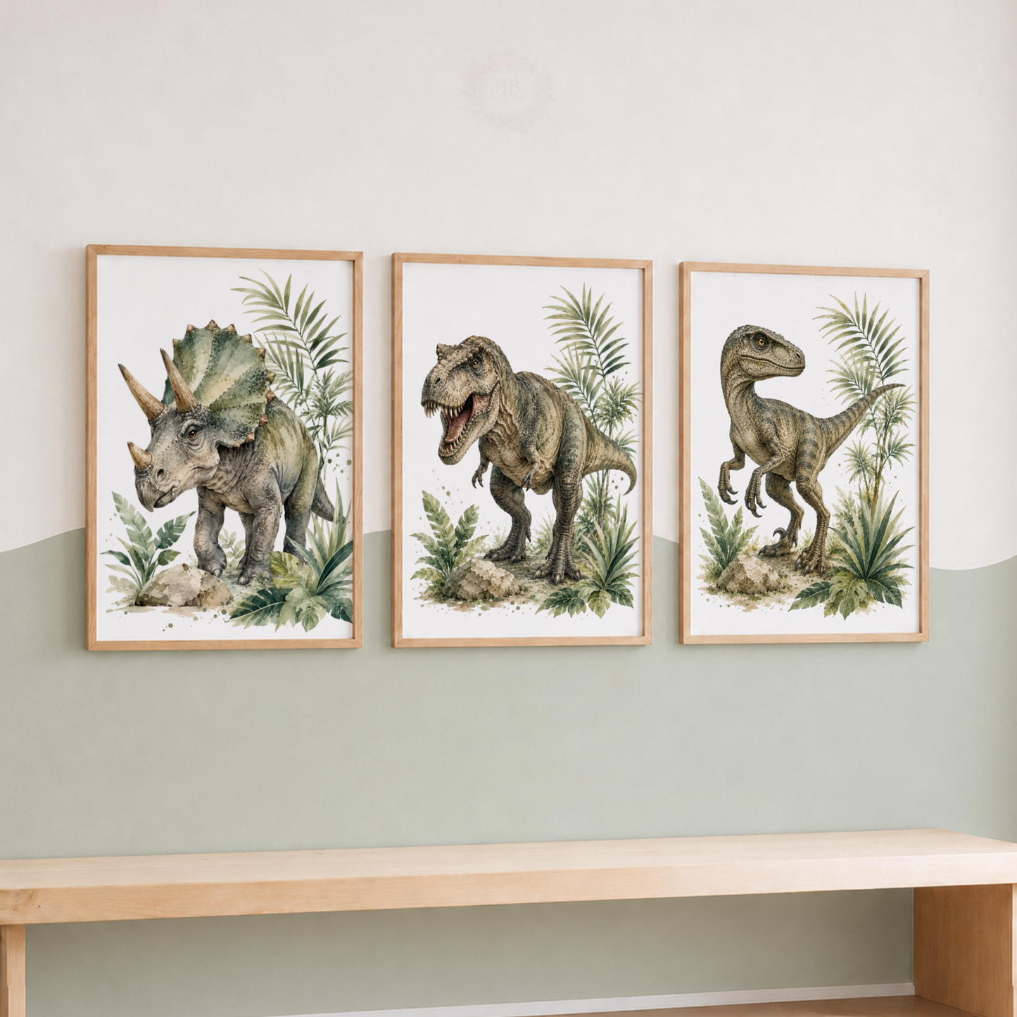 Realistic Dinosaur Nursery Wall Art Set – T-Rex, Triceratops & Raptor Prints